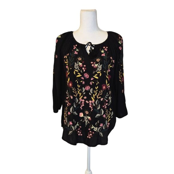 J Jill Embroidered Top Women Size Small Black Floral Bohemian Feminine Romantic - Picture 1 of 8
